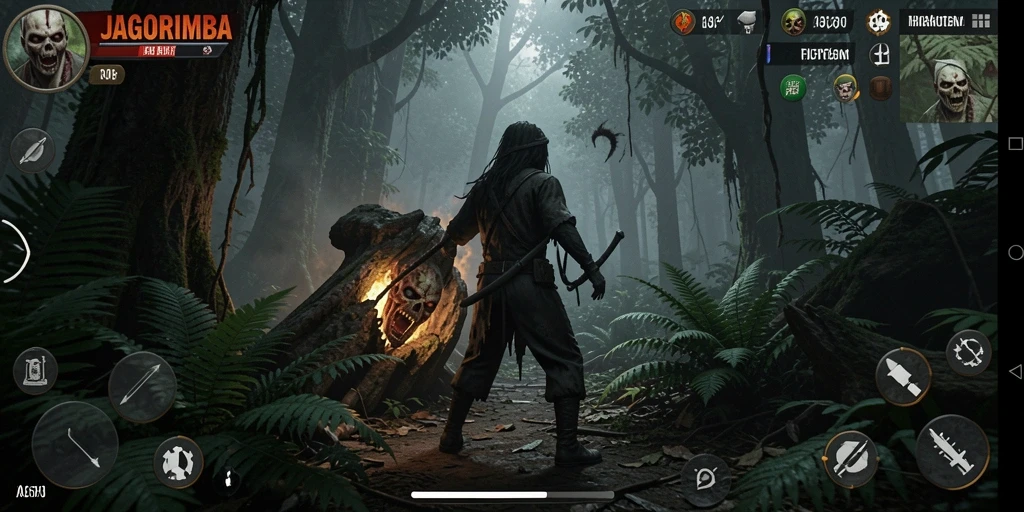 Screenshot gameplay JAGORIMBA menampilkan suasana mencekam di dalam hutan.
