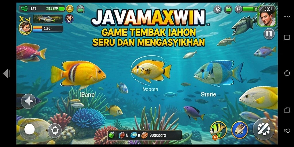 Screenshot gameplay <strong>JAVAMAXWIN</strong> menunjukkan aksi seru menembak ikan.