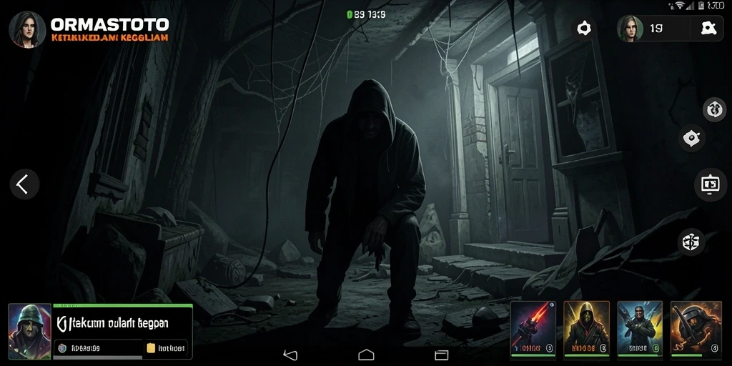 Screenshot gameplay ORMASTOTO menampilkan suasana horor yang mencekam.
